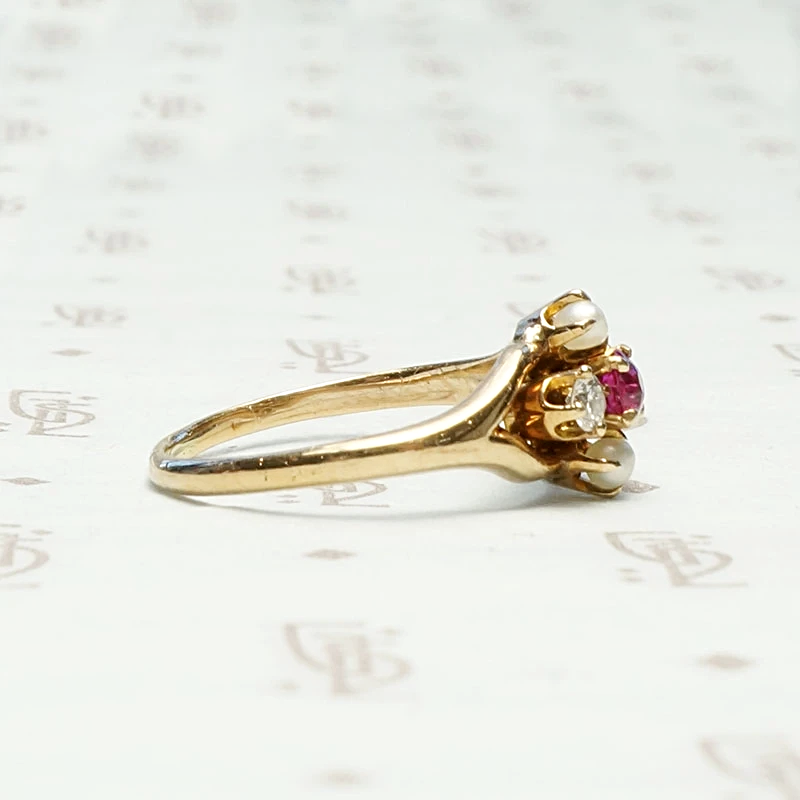 Romantic Rosy Gold Ruby Diamond & Pearl Ring