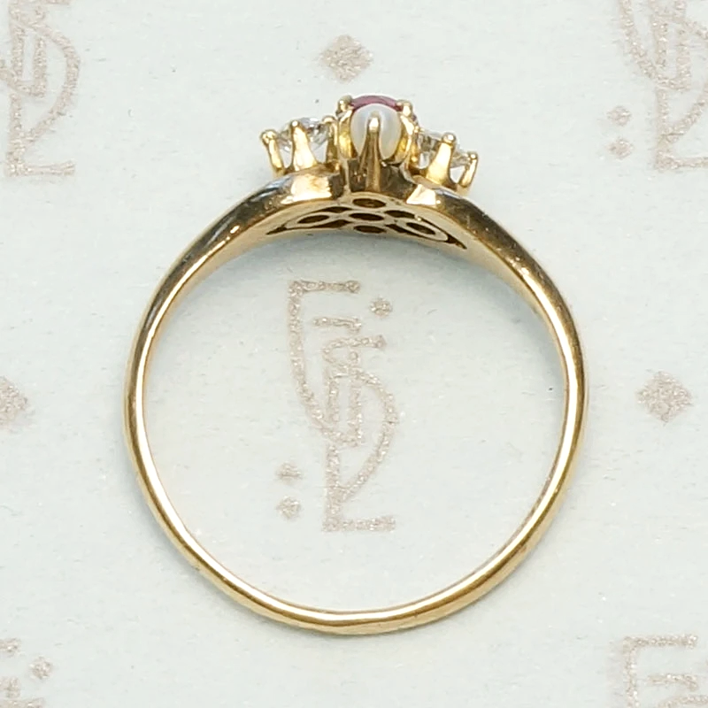 Romantic Rosy Gold Ruby Diamond & Pearl Ring