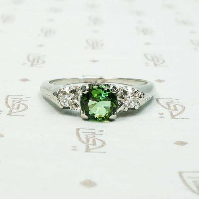 Spring Green Tourmaline in Flowery White Gold Ring