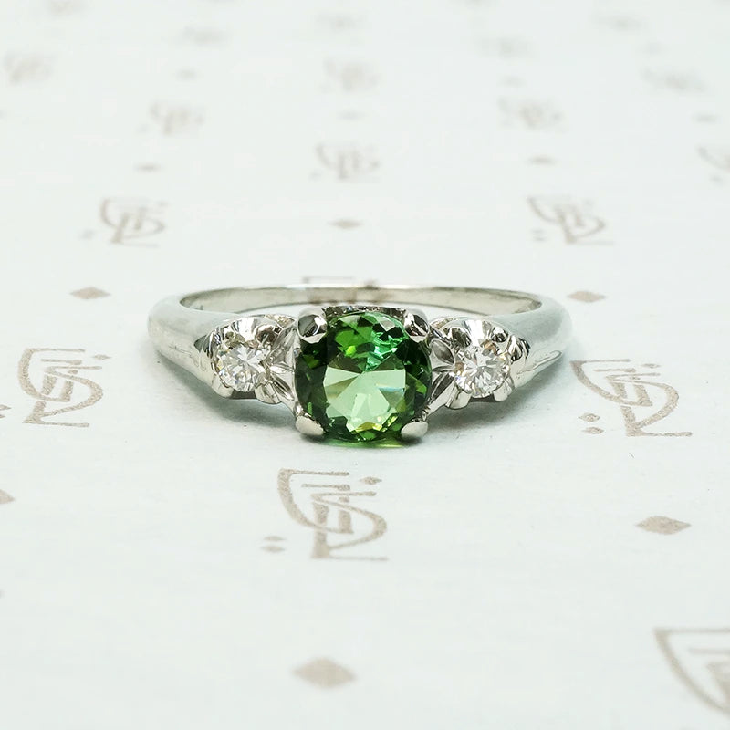 Spring Green Tourmaline in Flowery White Gold Ring