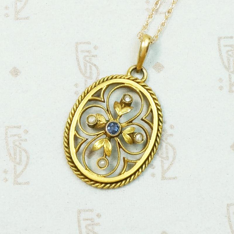 Lovely Engraved Quatrefoil Pendant with Sapphire & Pearl