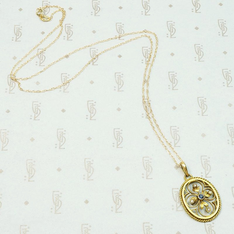 Lovely Engraved Quatrefoil Pendant with Sapphire & Pearl