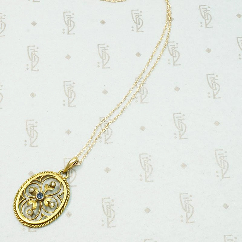 Lovely Engraved Quatrefoil Pendant with Sapphire & Pearl