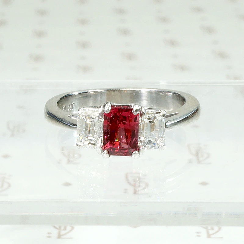 Radiant Red Spinel Mid Century Style Platinum Ring
