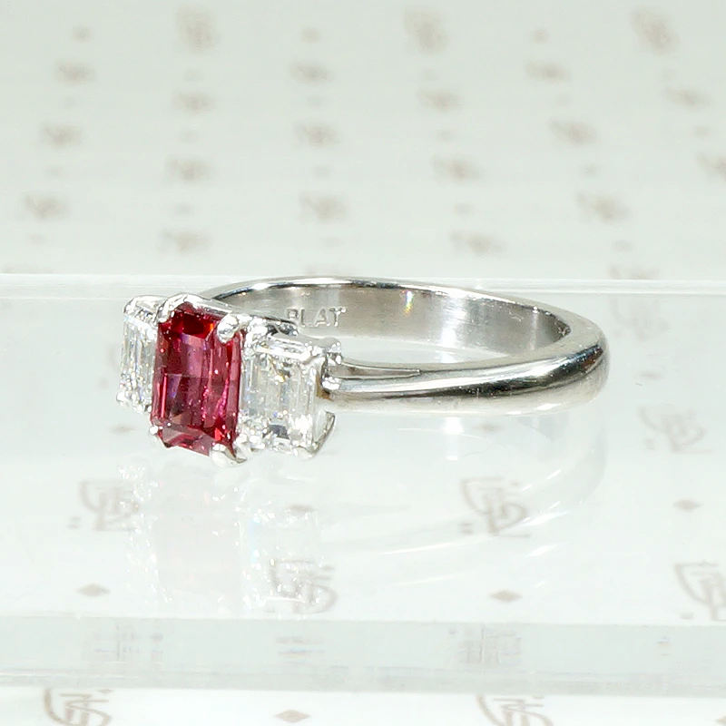 Radiant Red Spinel Mid Century Style Platinum Ring