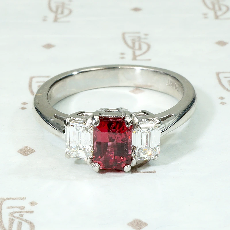 Radiant Red Spinel Mid Century Style Platinum Ring