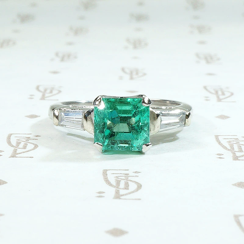 Spring Green Emerald & Baguette Ring in Platinum
