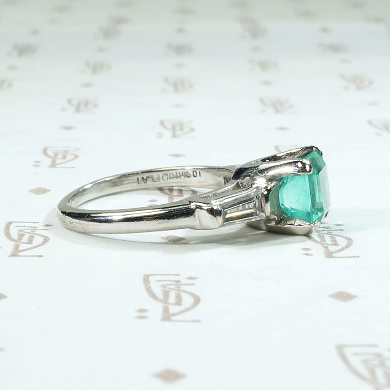Spring Green Emerald & Baguette Ring in Platinum
