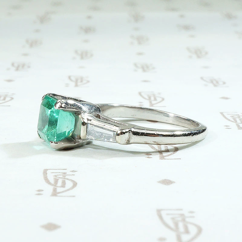 Spring Green Emerald & Baguette Ring in Platinum