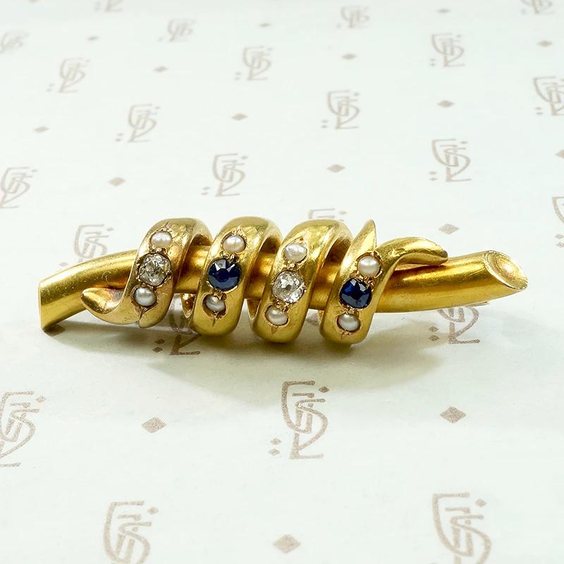 Curvy Serpentine 18k Brooch with Sapphire, Diamond & Pearl