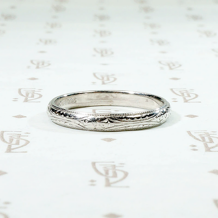 Platinum Wedding Band Engraved with Flowers