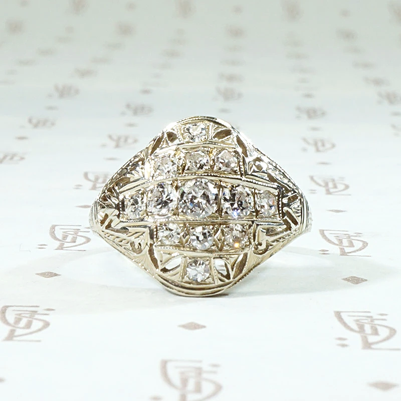 Warm White Gold Filigree & Diamond Cluster Ring