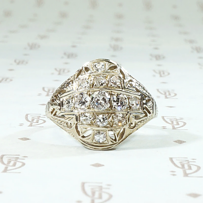 Warm White Gold Filigree & Diamond Cluster Ring