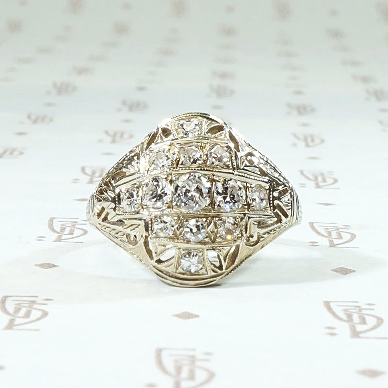 Warm White Gold Filigree & Diamond Cluster Ring