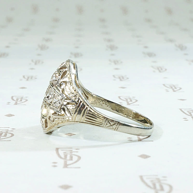 Warm White Gold Filigree & Diamond Cluster Ring