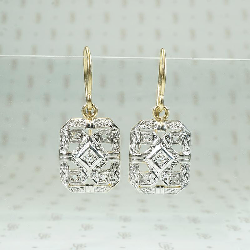 Engraved Platinum & Gold Deco Diamond Earrings
