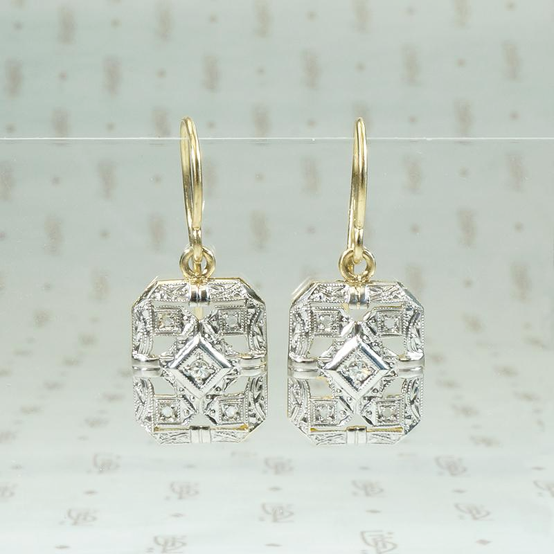 Engraved Platinum & Gold Deco Diamond Earrings