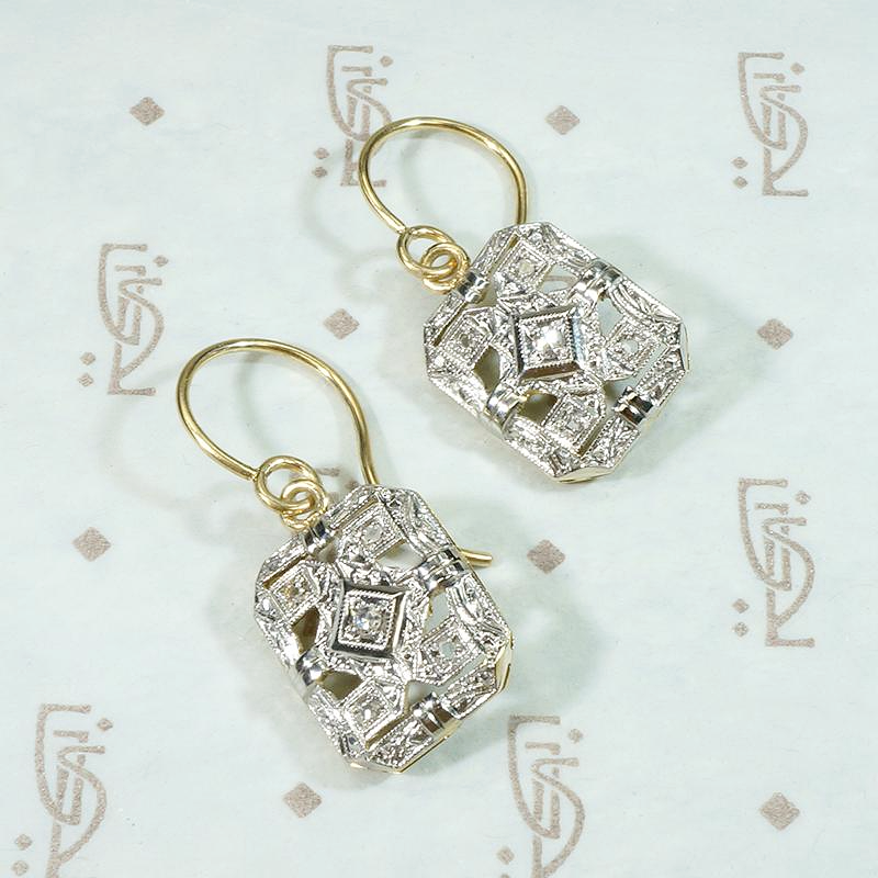 Engraved Platinum & Gold Deco Diamond Earrings