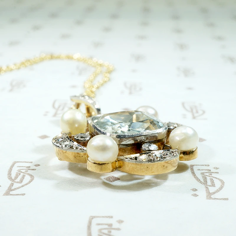 Dreamy Aquamarine, Diamond & Pearl Quatrefoil Pendant