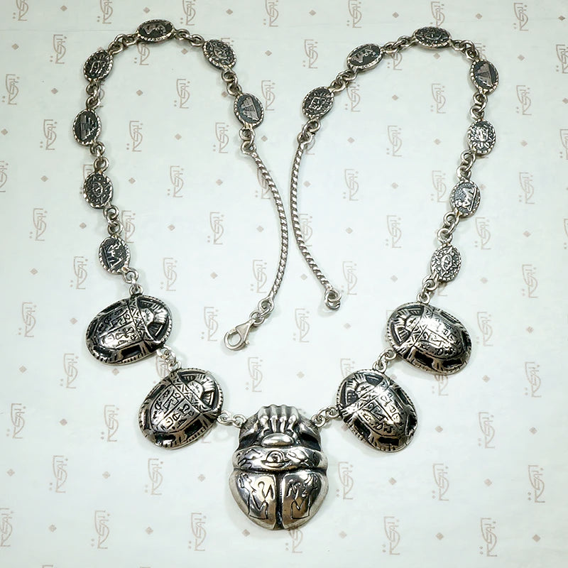 Mexican Silver Egyptian Revival Scarab Necklace