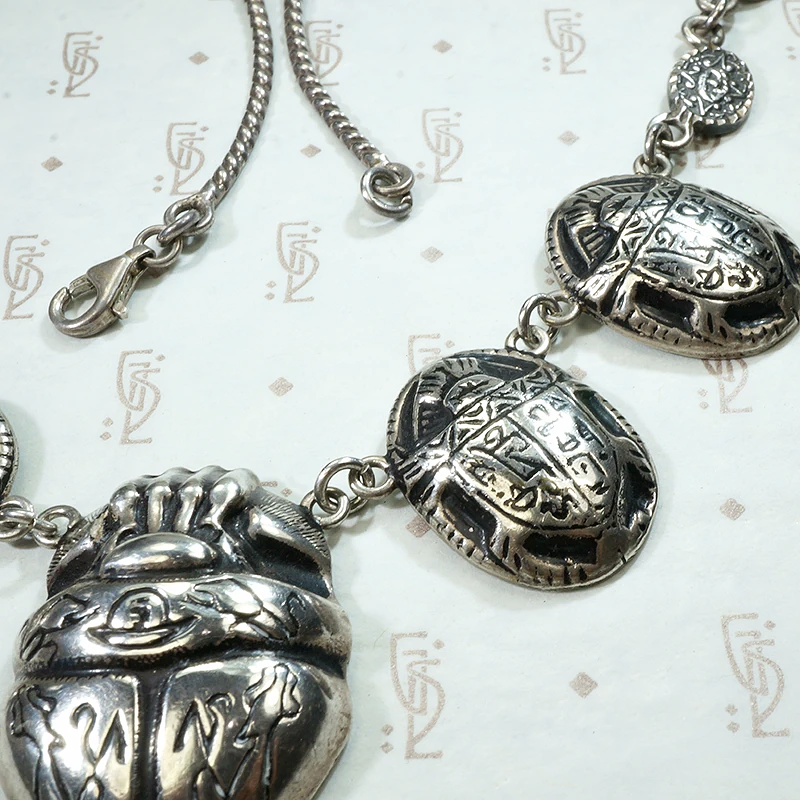 Mexican Silver Egyptian Revival Scarab Necklace