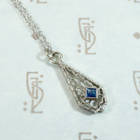 Lacy Engraved White Gold Teardrop Sapphire Pendant