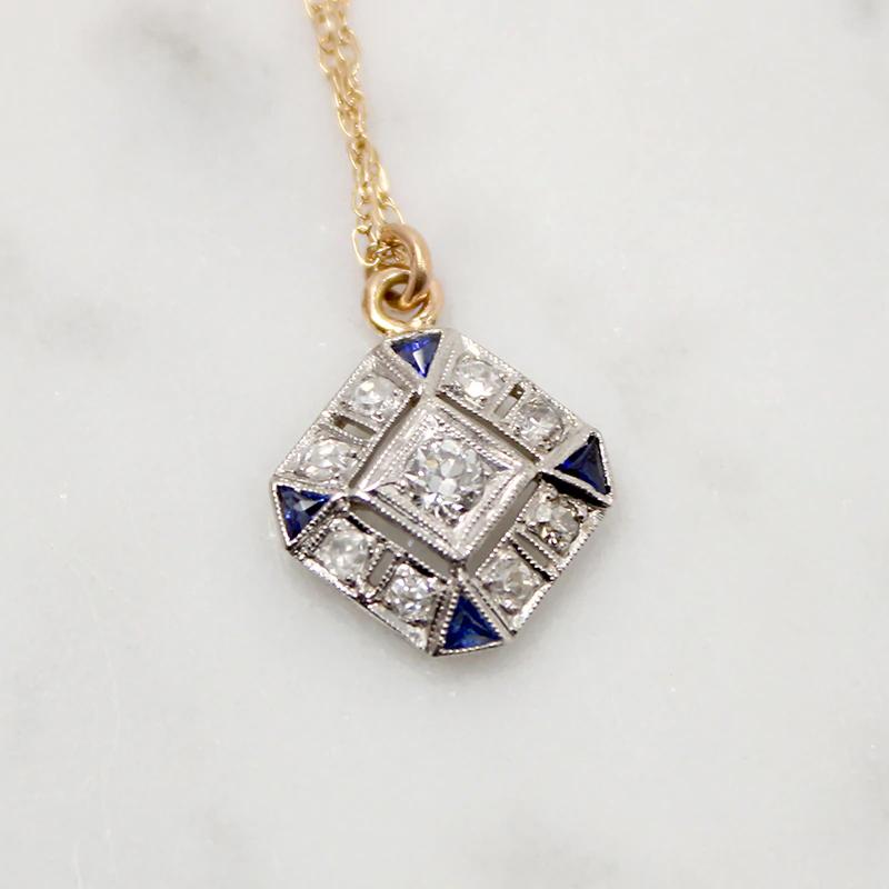 Geometric Edwardian Diamond & Sapphire Pendant