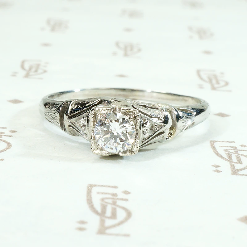 Engraved White Gold Deco Diamond Engagement Ring