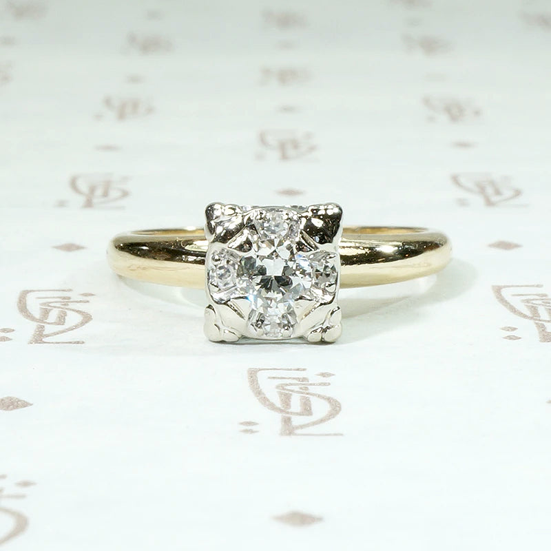 Vintage Diamond Cluster Two Tone Engagement Ring