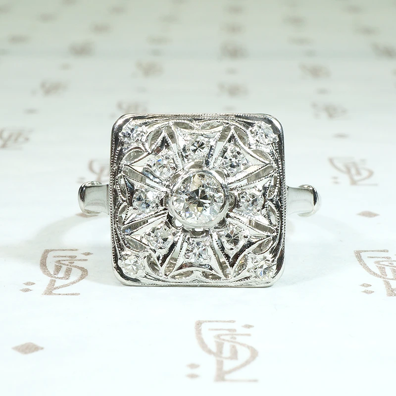 Spiderwebbed Square Thirteen Diamond Art Deco Ring