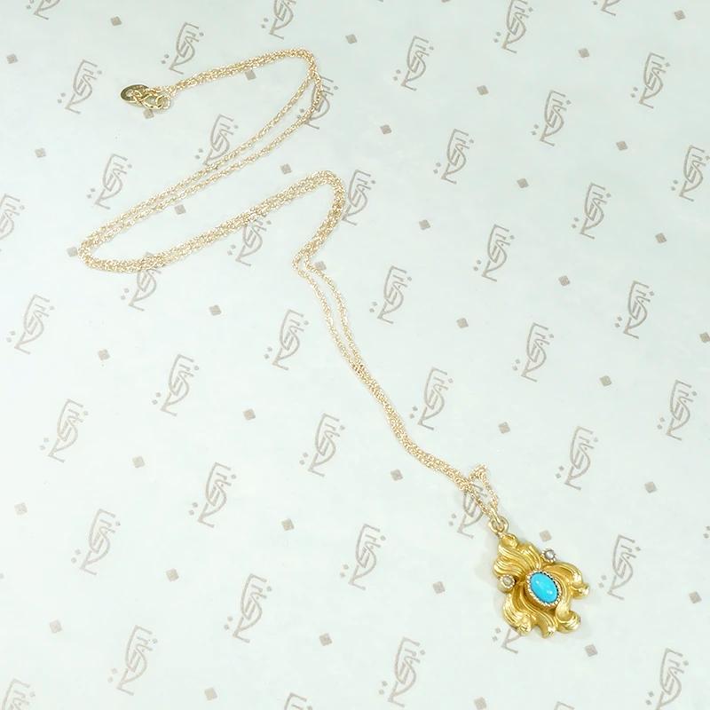 Art Nouveau Gold Iris Pendant with Turquoise & Pearl