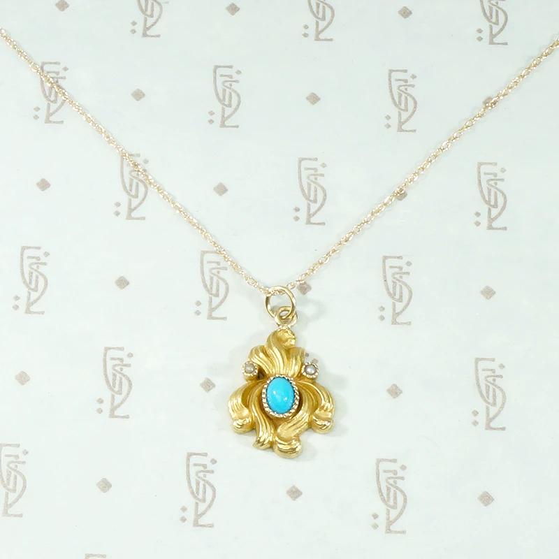 Art Nouveau Gold Iris Pendant with Turquoise & Pearl