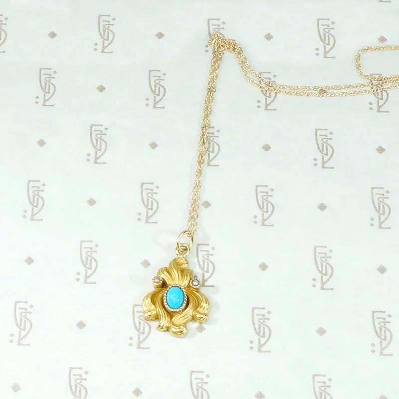 Art Nouveau Gold Iris Pendant with Turquoise & Pearl