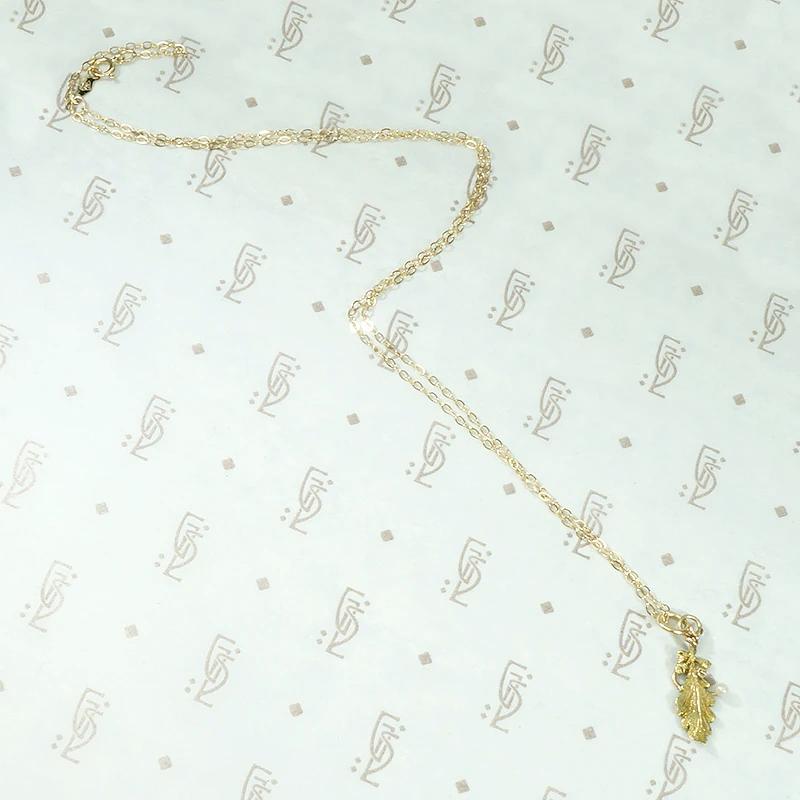 Delicate Gold Oak Leaf Pendant with Pearl Accent
