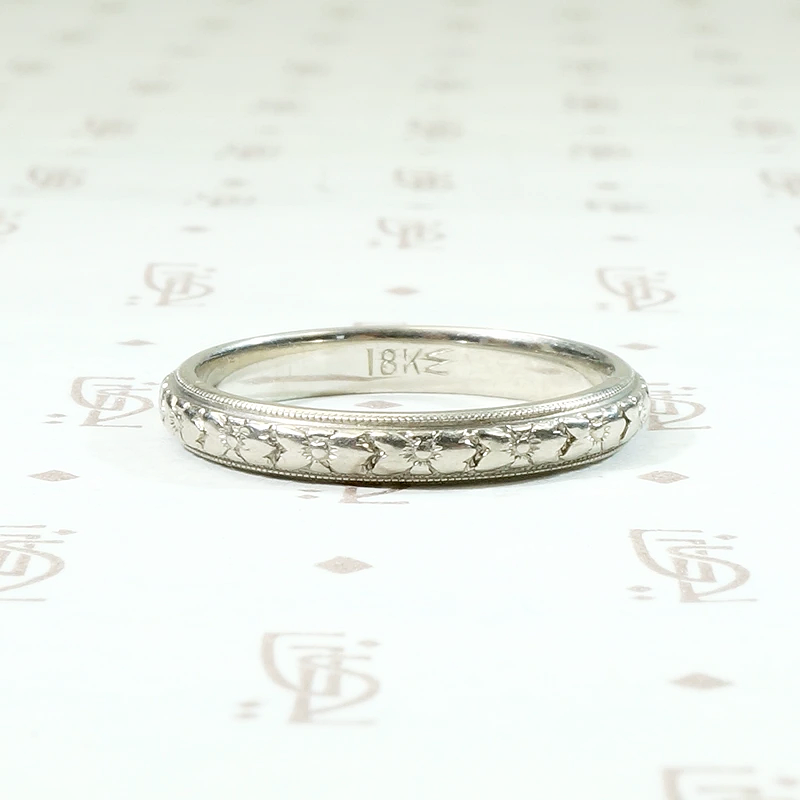 Art Deco White Gold Band with Crisp Engraving