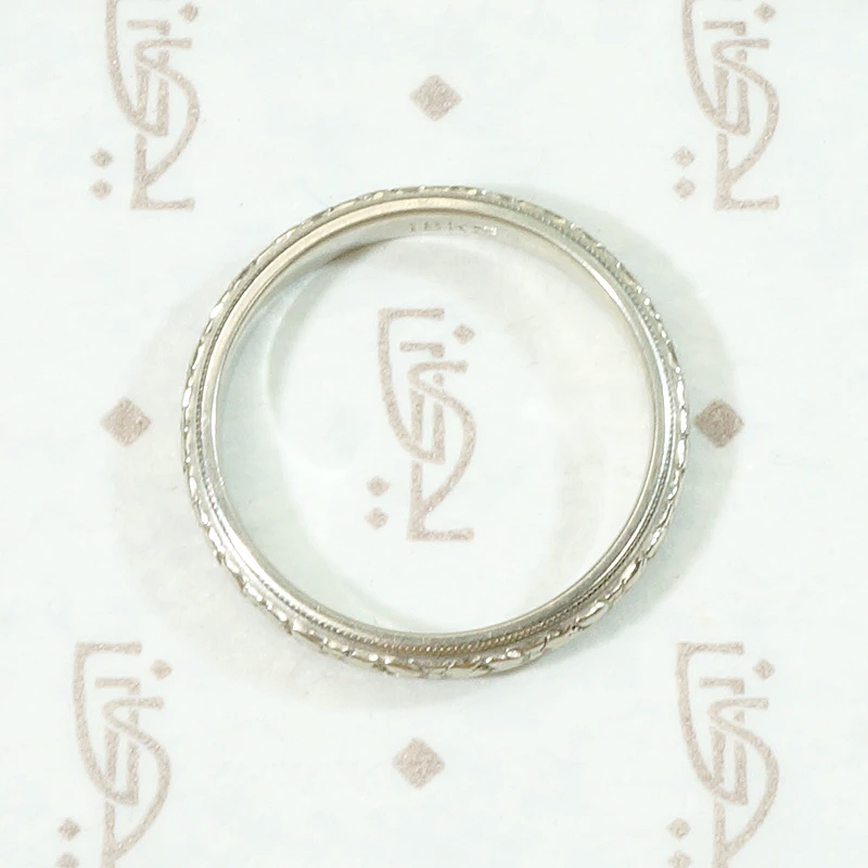 Art Deco White Gold Band with Crisp Engraving