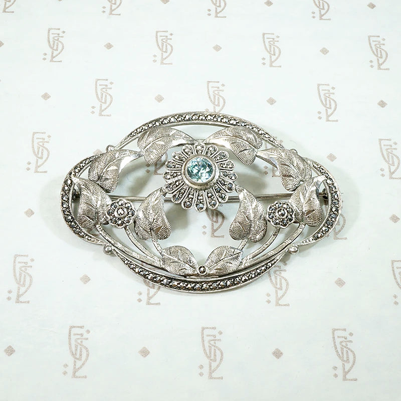Blossoms & Ivy Silver Brooch with Zircon & Marcasite