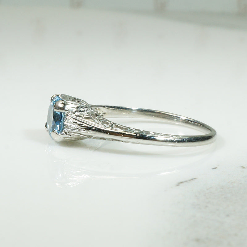 Aquamarine White Gold 1920's Filigree Ring