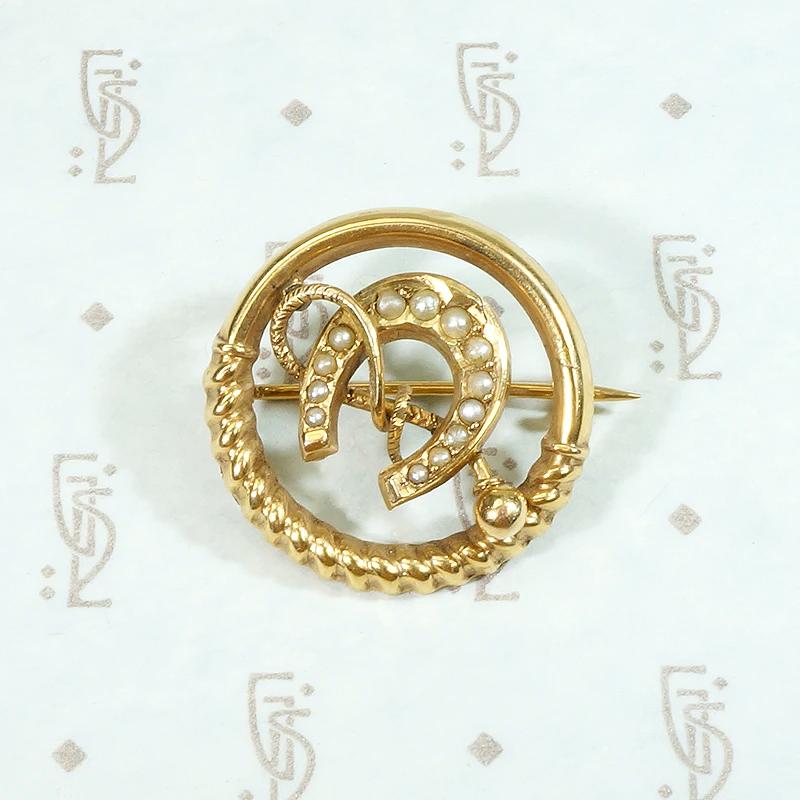 Jaunty Little Horseshoe & Crop Brooch with Pearls