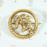 Jaunty Little Horseshoe & Crop Brooch with Pearls