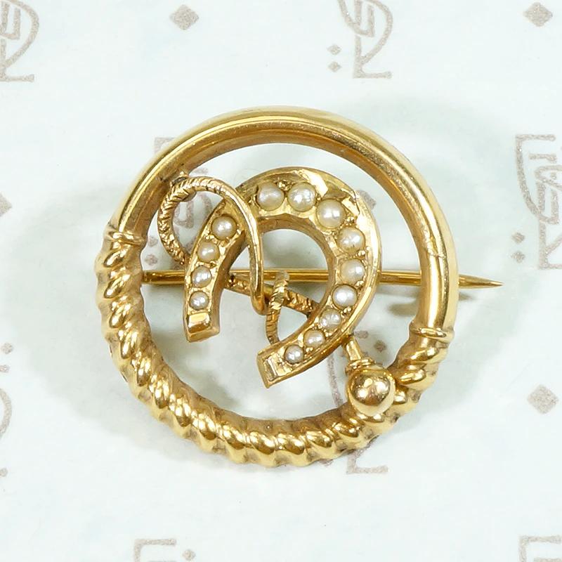 Jaunty Little Horseshoe & Crop Brooch with Pearls