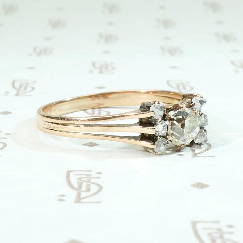 Antique Rosy Gold Ring with Old Mine & Rose Cut Diamonds