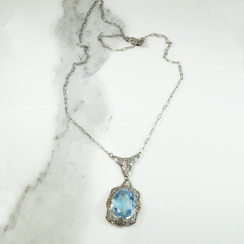 Synthetic Blue Spinel In Silver Deco Necklace