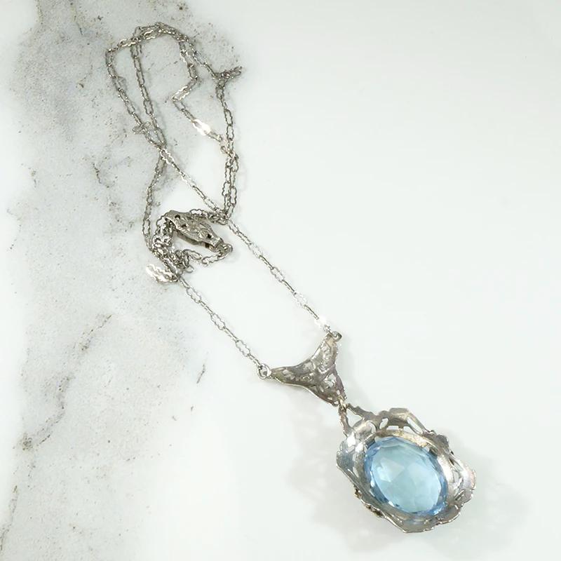 Synthetic Blue Spinel In Silver Deco Necklace