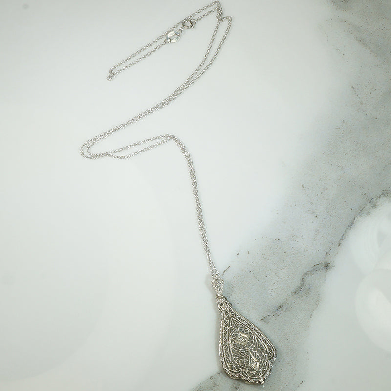 Deco White Gold Filigree Diamond Pendant