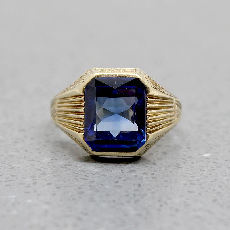 Synthetic Sapphire in Engraved Gold Signet Ring