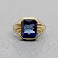 Synthetic Sapphire in Engraved Gold Signet Ring