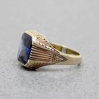 Synthetic Sapphire in Engraved Gold Signet Ring