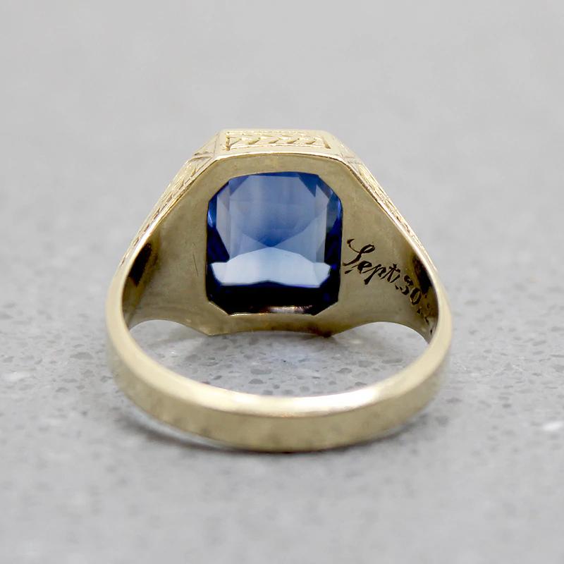 Synthetic Sapphire in Engraved Gold Signet Ring