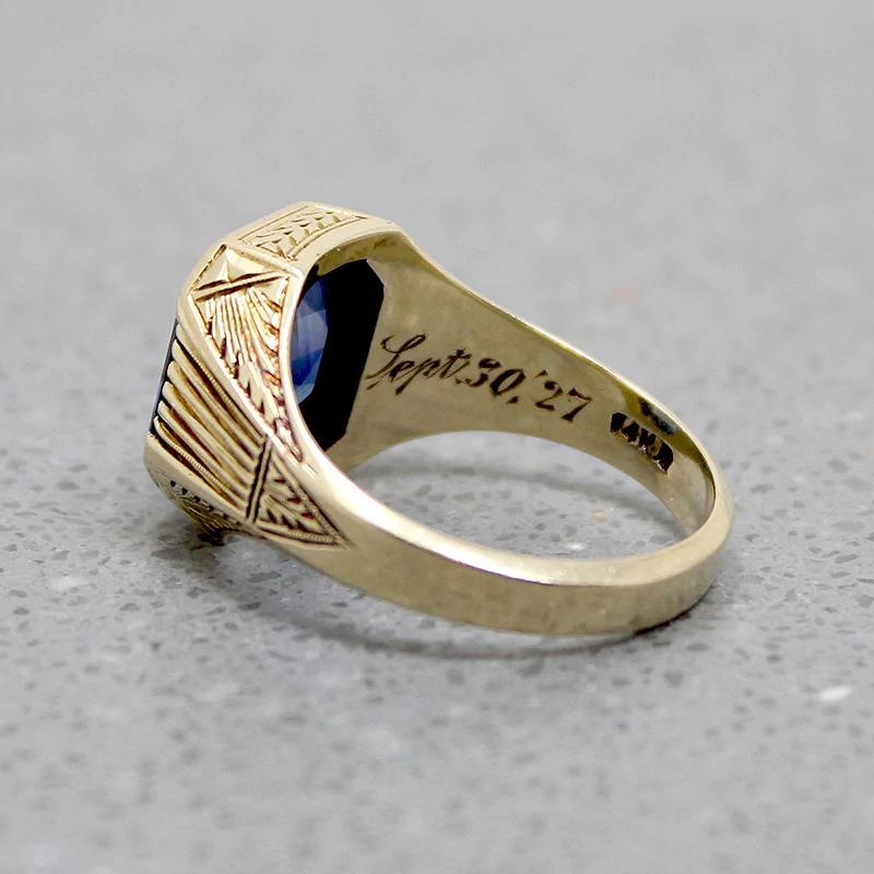 Synthetic Sapphire in Engraved Gold Signet Ring